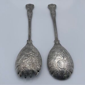 Vintage English Silverplate Salad Serving Set Ornate Fruit Design